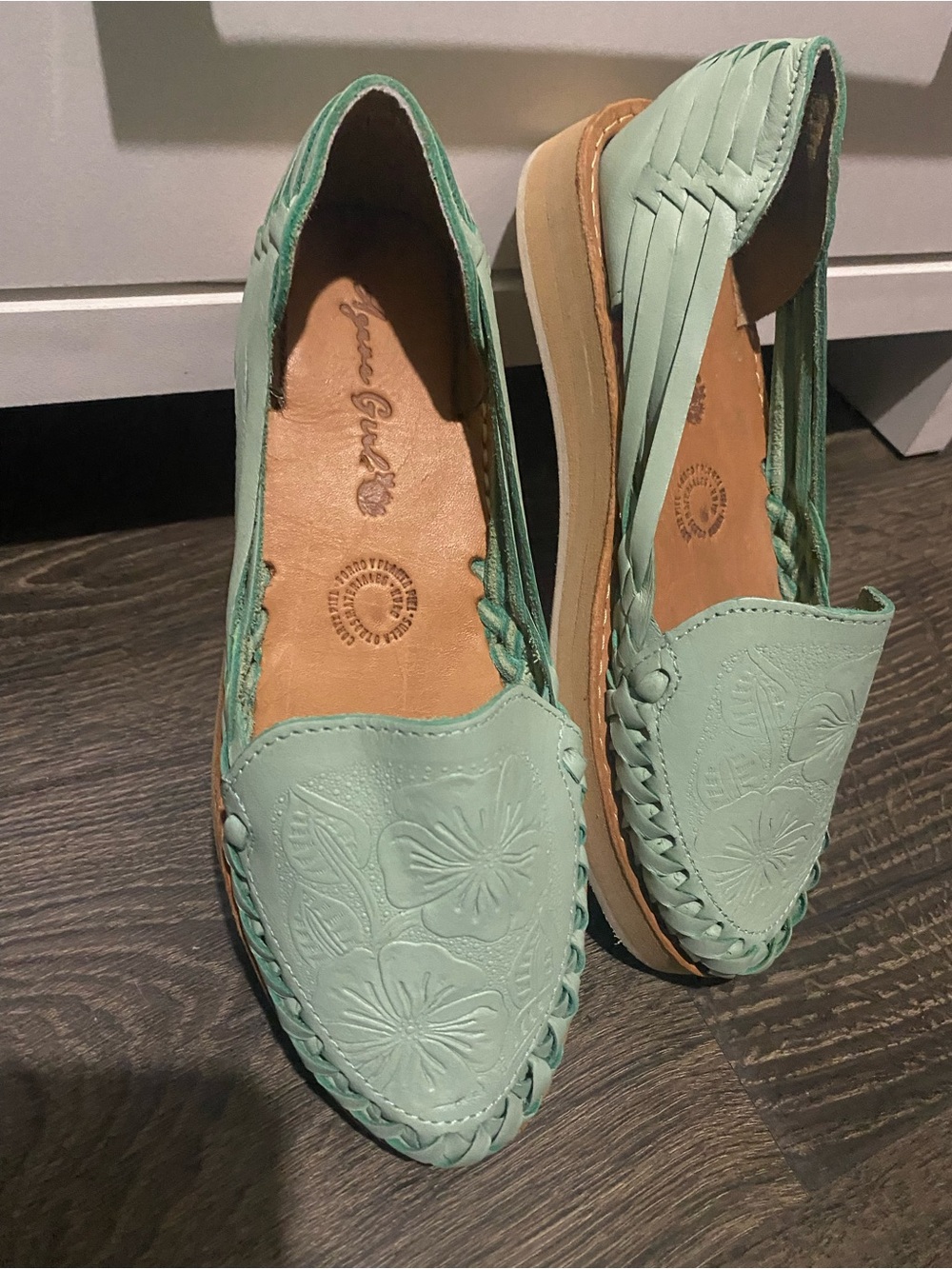 Mexican Huarache Agave Mint Floral Embossed Slip-On Moccasins